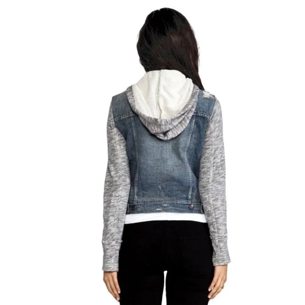 Free People Blue Denim Jacket with Gray Knit Sleeves - Picture 2 of 14